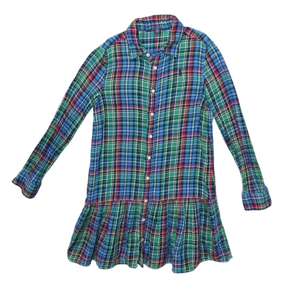 Polo Ralph Lauren Girls Plaid Flannel Ruffle Hem Shirtdress Size 12 Tartan